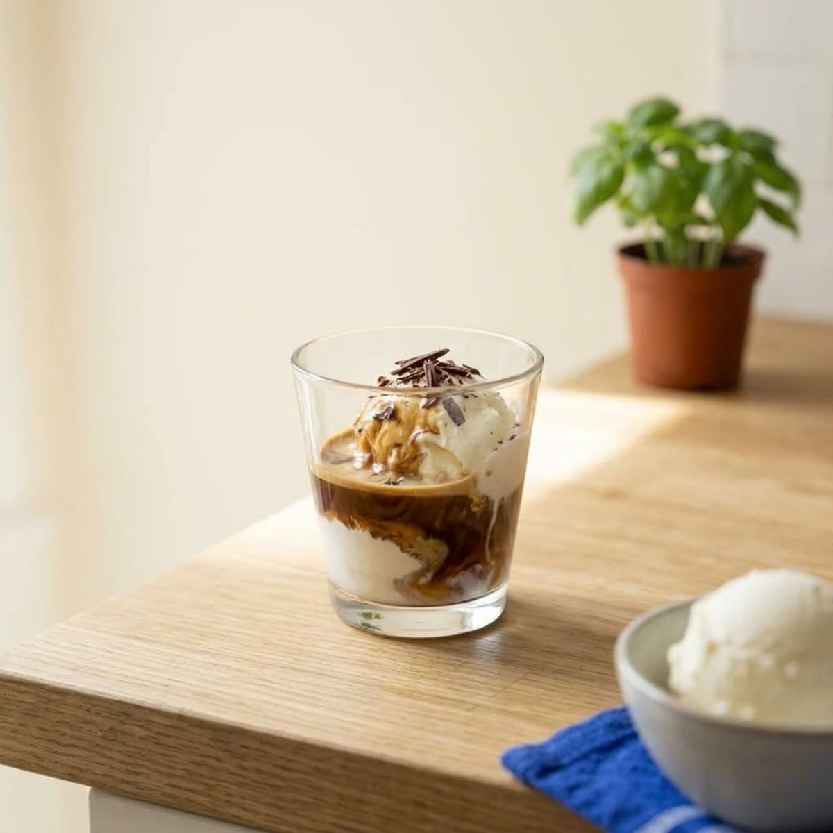 Dark espresso melting through vanilla bean gelato in a ceramic coupe
