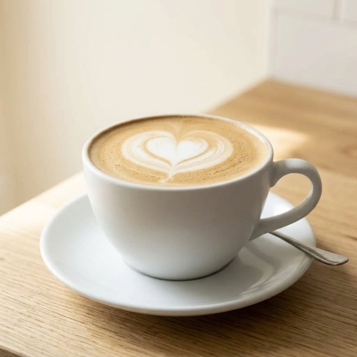 Classic hot latte with silky microfoam in a ceramic mug
