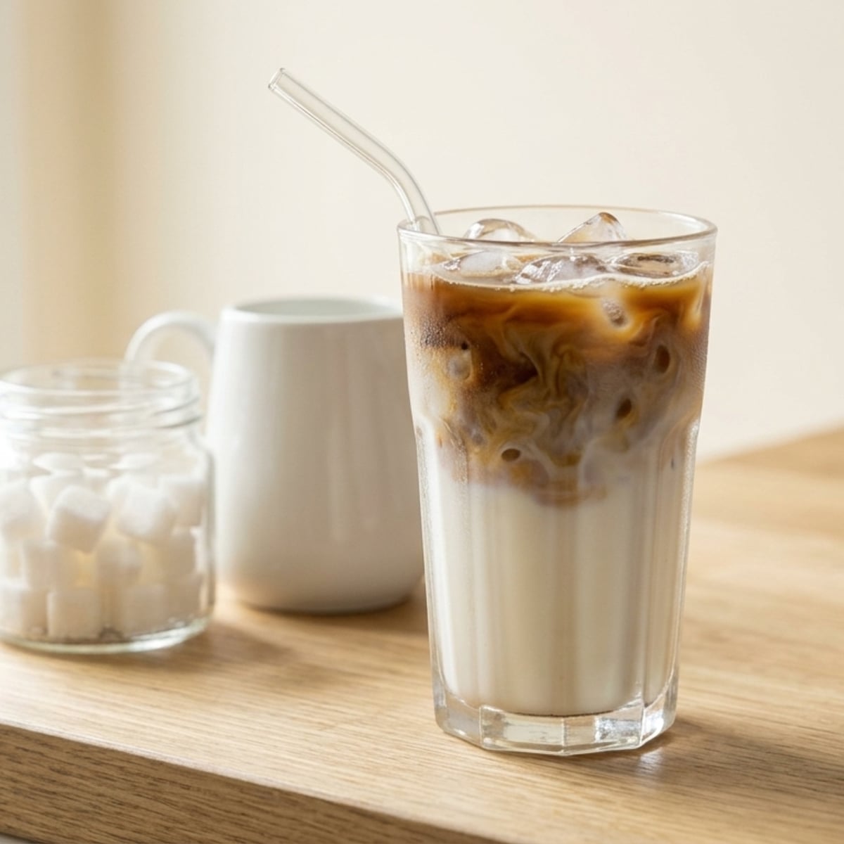 Classic iced latte with cold creamy milk and espresso over cracked ice