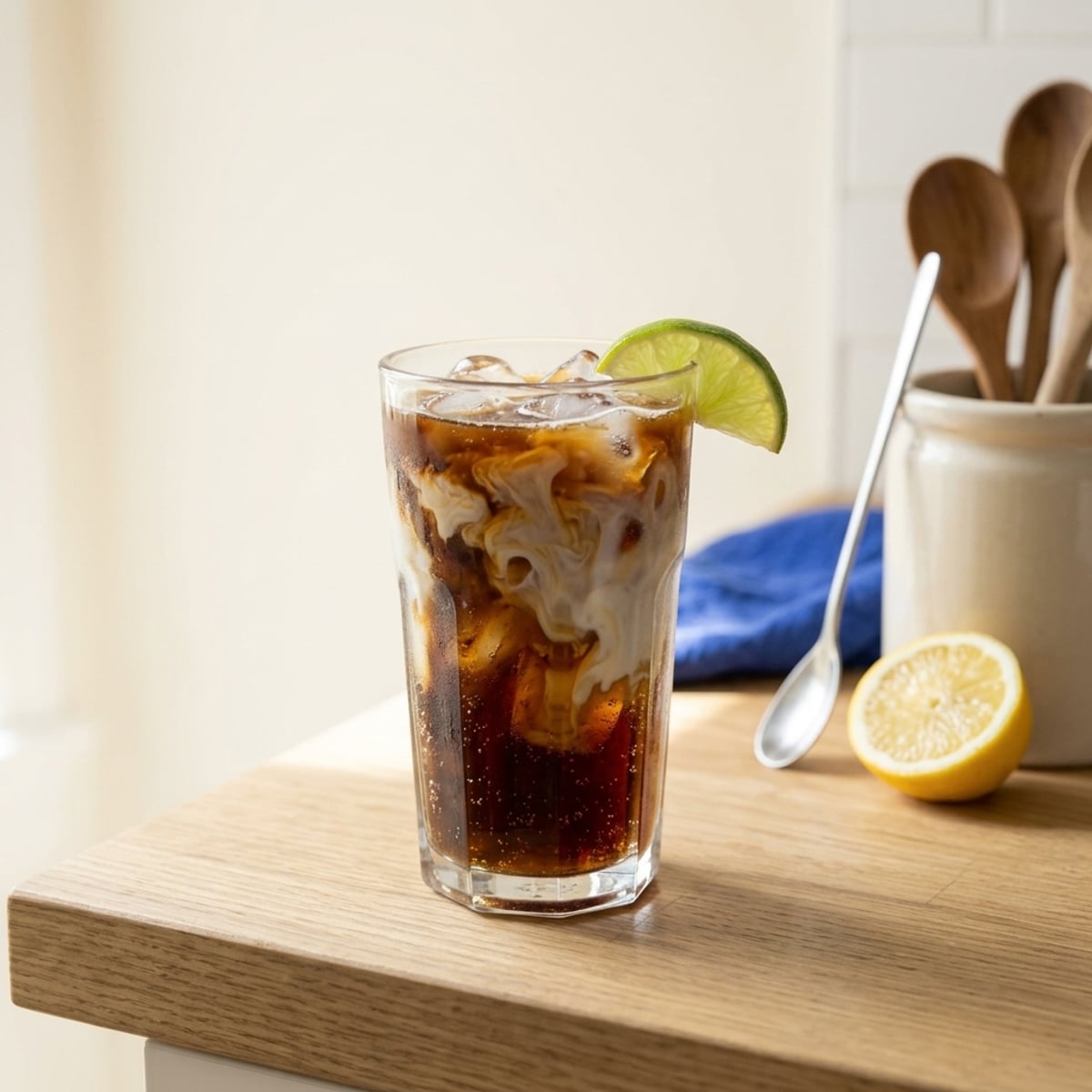 Coffee dirty soda with cola, sweet cream, and coffee float in highball glass