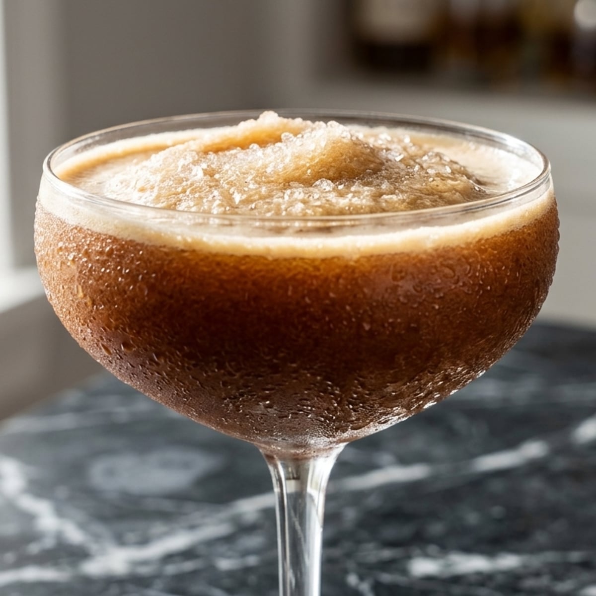 Double-strength frozen espresso martini with thick foam head
