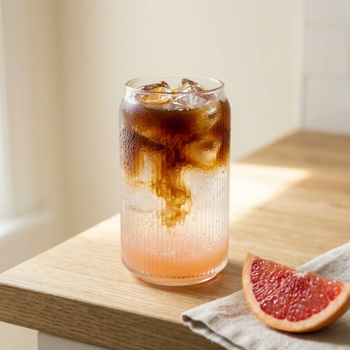 Grapefruit coffee tonic with fresh citrus wheel and tonic bubbles