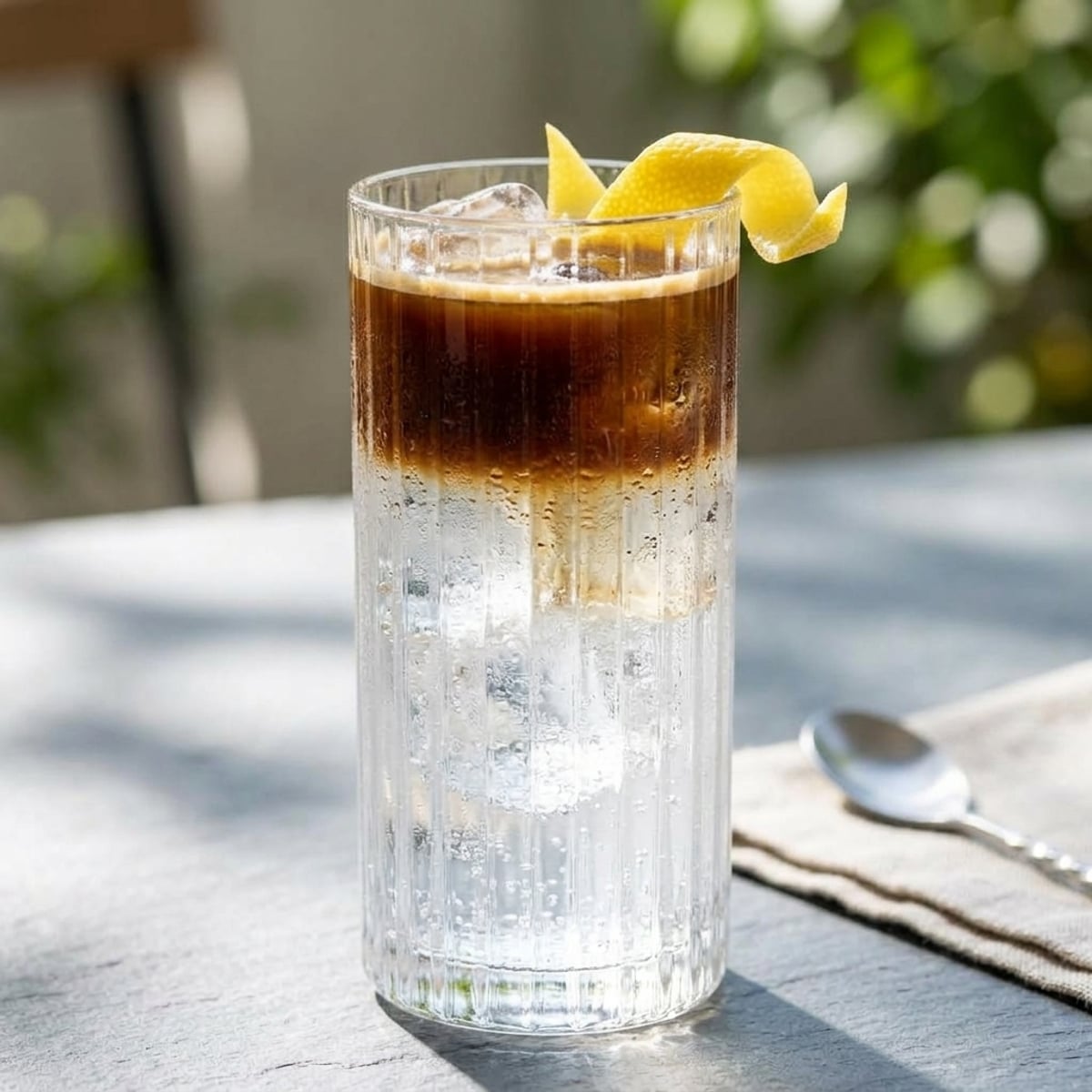 Layered coffee tonic with dark coffee floating gracefully on clear tonic