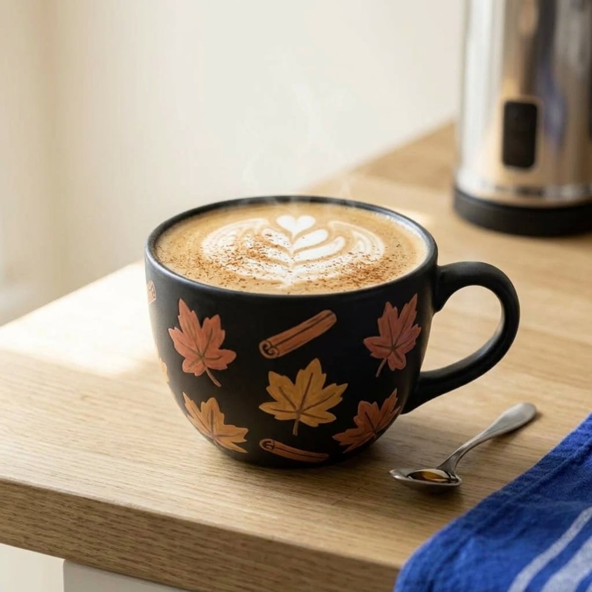 Hot maple cinnamon latte dusted with ground cinnamon
