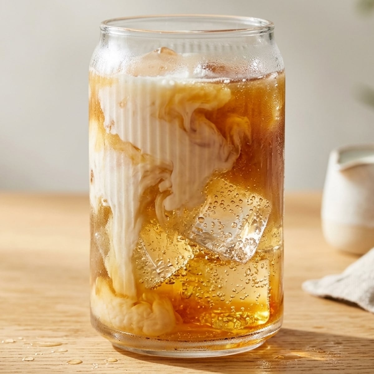 Sparkling maple coffee cream soda with effervescent bubbles over ice