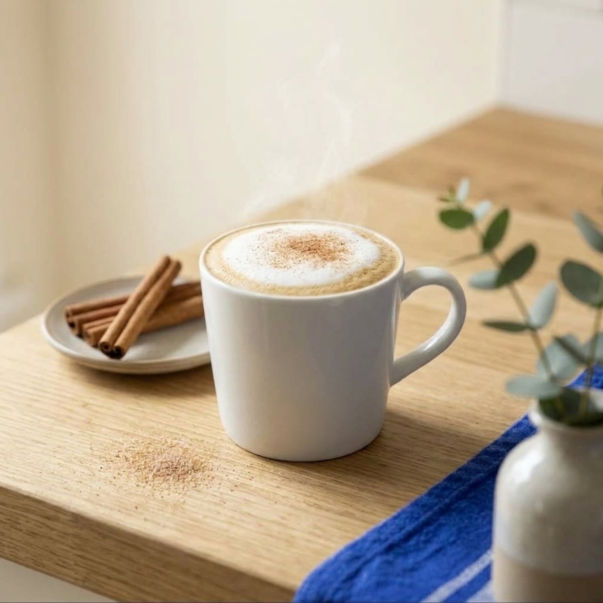 Steaming hot milk coffee in a mug