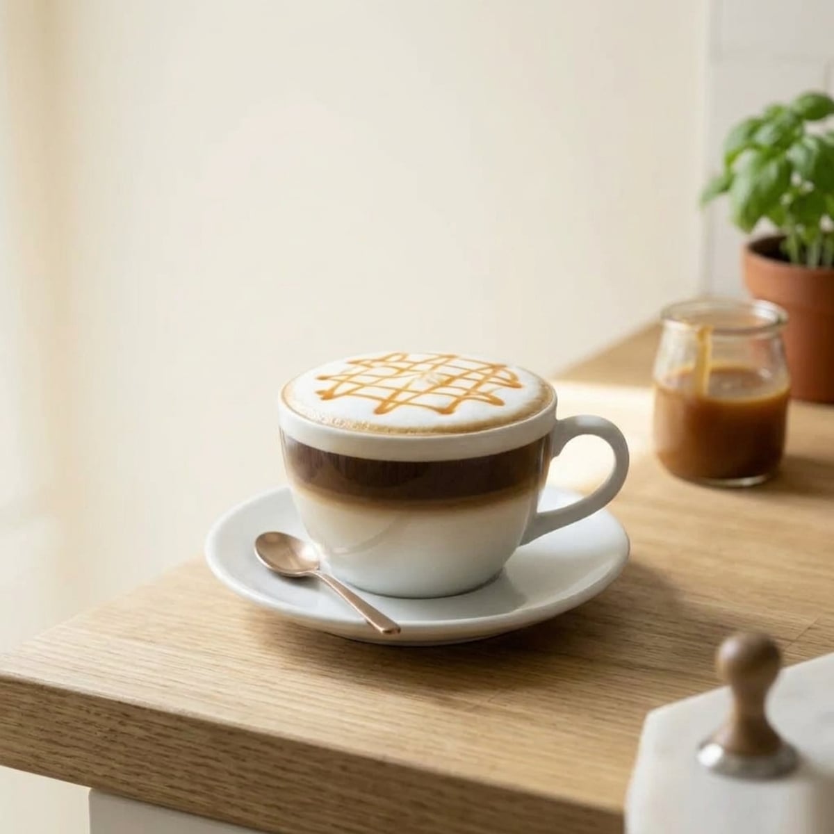 Steaming hot milk coffee in a mug