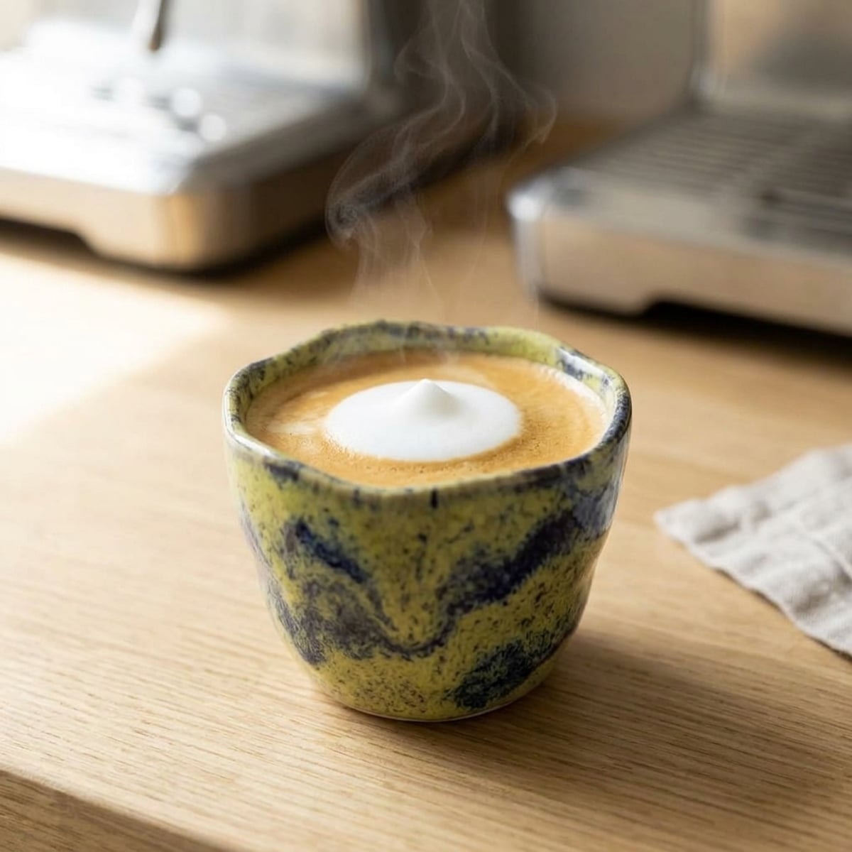 Steaming hot milk coffee in a mug