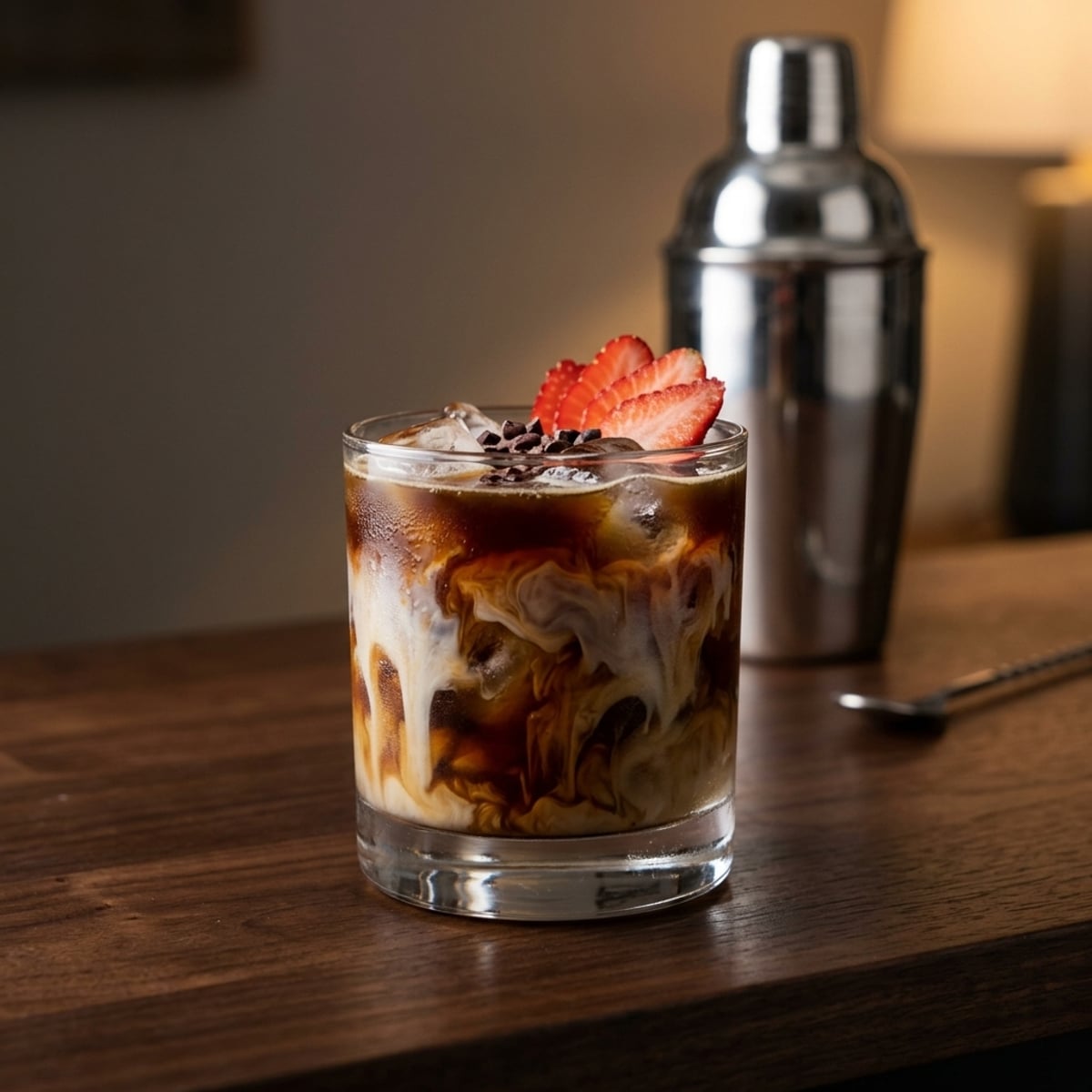 Editorial coffee and condensed milk drink on kitchen counter