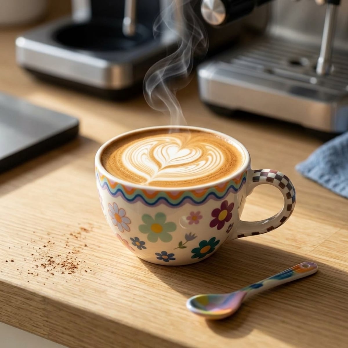 Steaming hot milk coffee in a mug