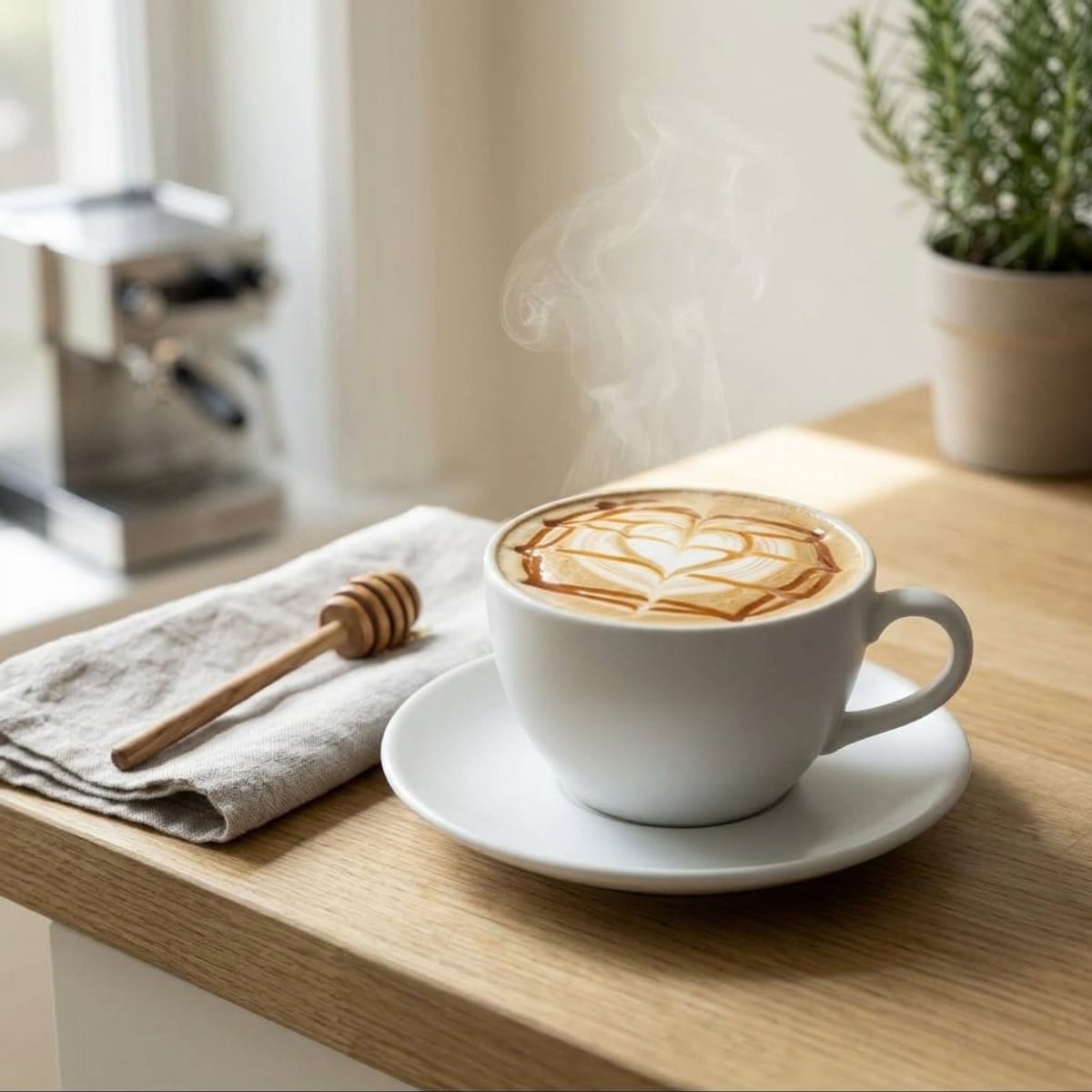 Steaming hot milk coffee in a mug