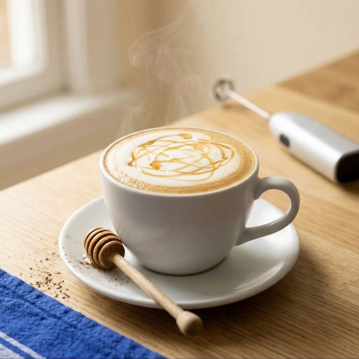 Steaming hot milk coffee in a mug