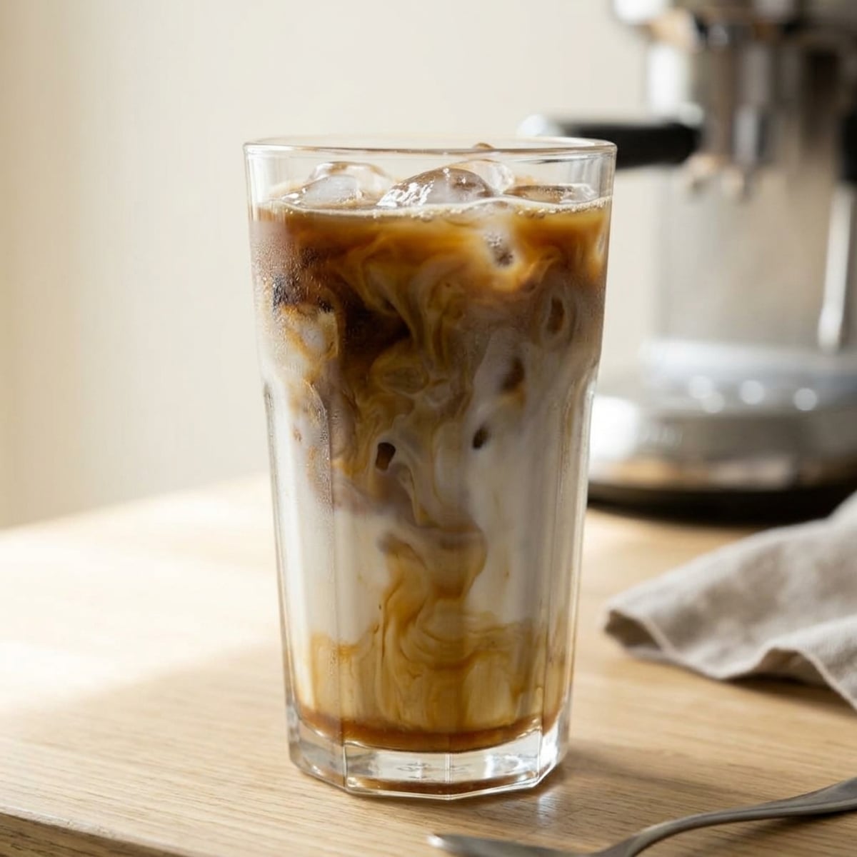 Editorial coffee and condensed milk drink on kitchen counter