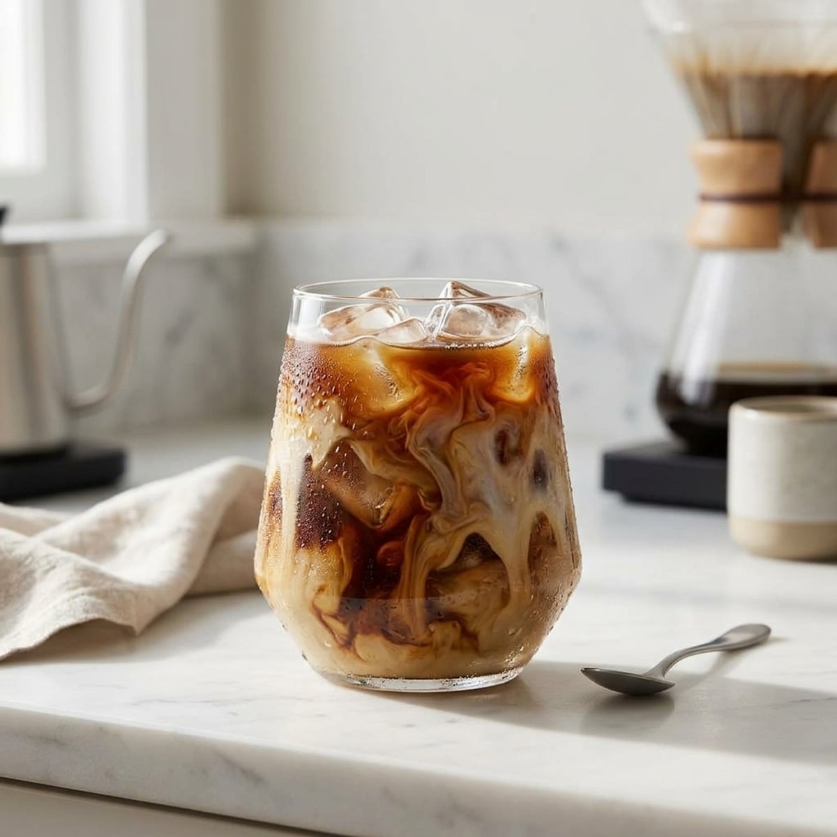 Editorial coffee and condensed milk drink on kitchen counter