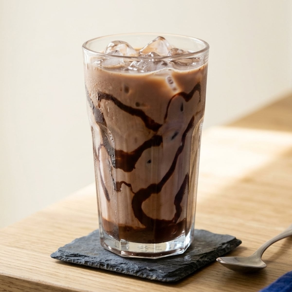 Editorial coffee and condensed milk drink on kitchen counter