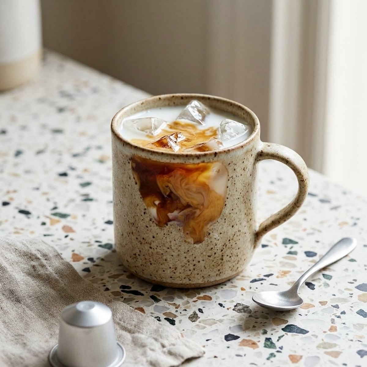 Editorial coffee and condensed milk drink on kitchen counter
