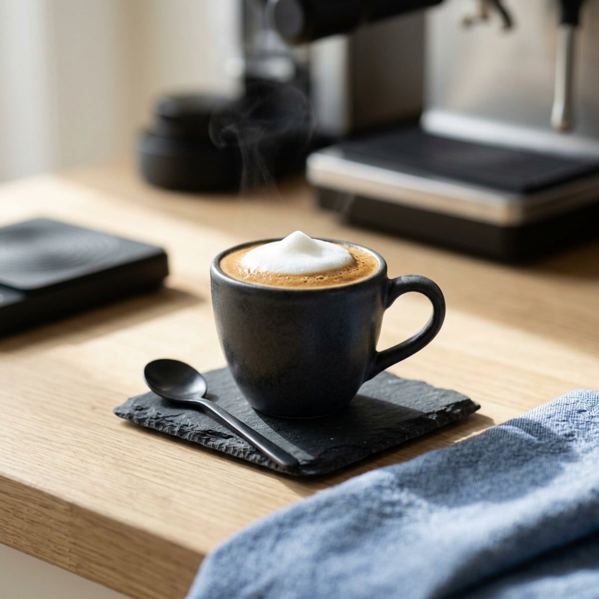 Steaming hot milk coffee in a mug