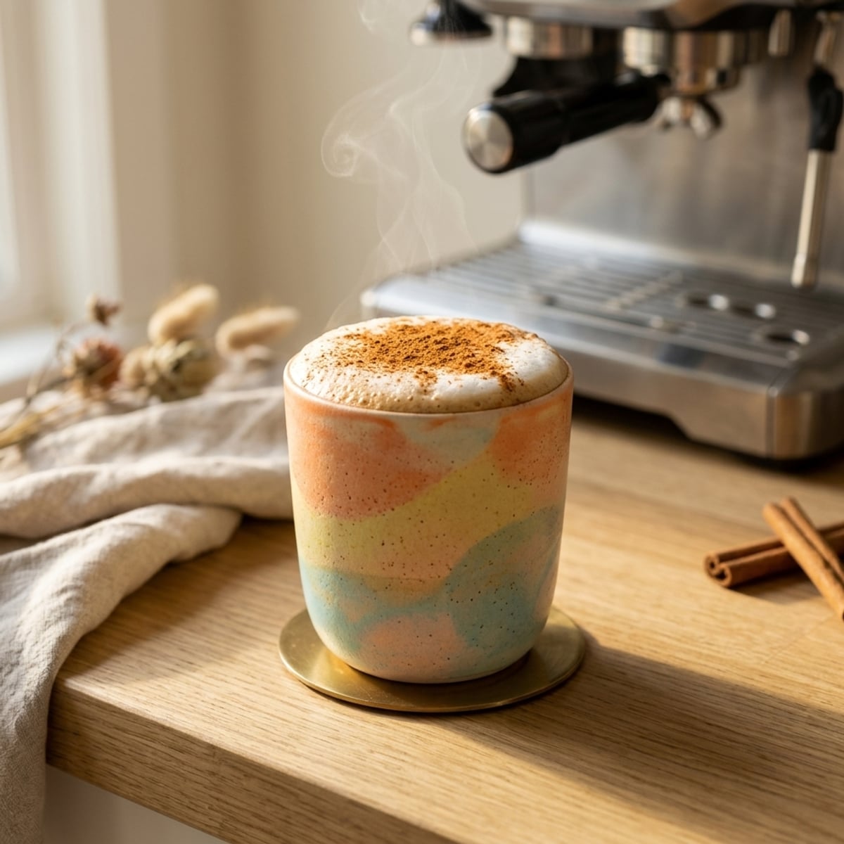 Steaming hot milk coffee in a mug