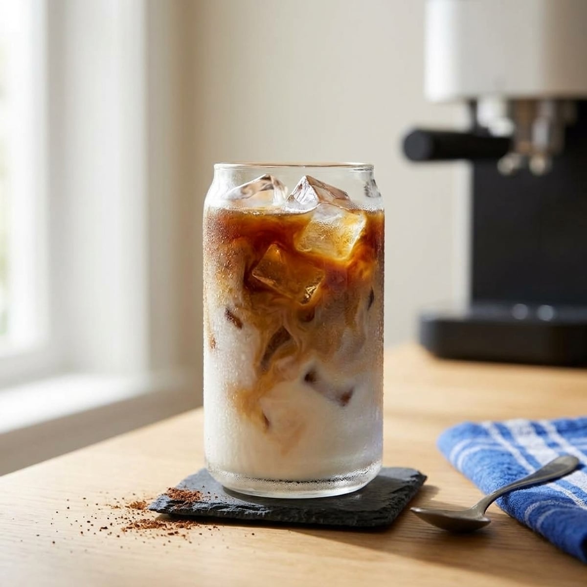 Editorial coffee and condensed milk drink on kitchen counter