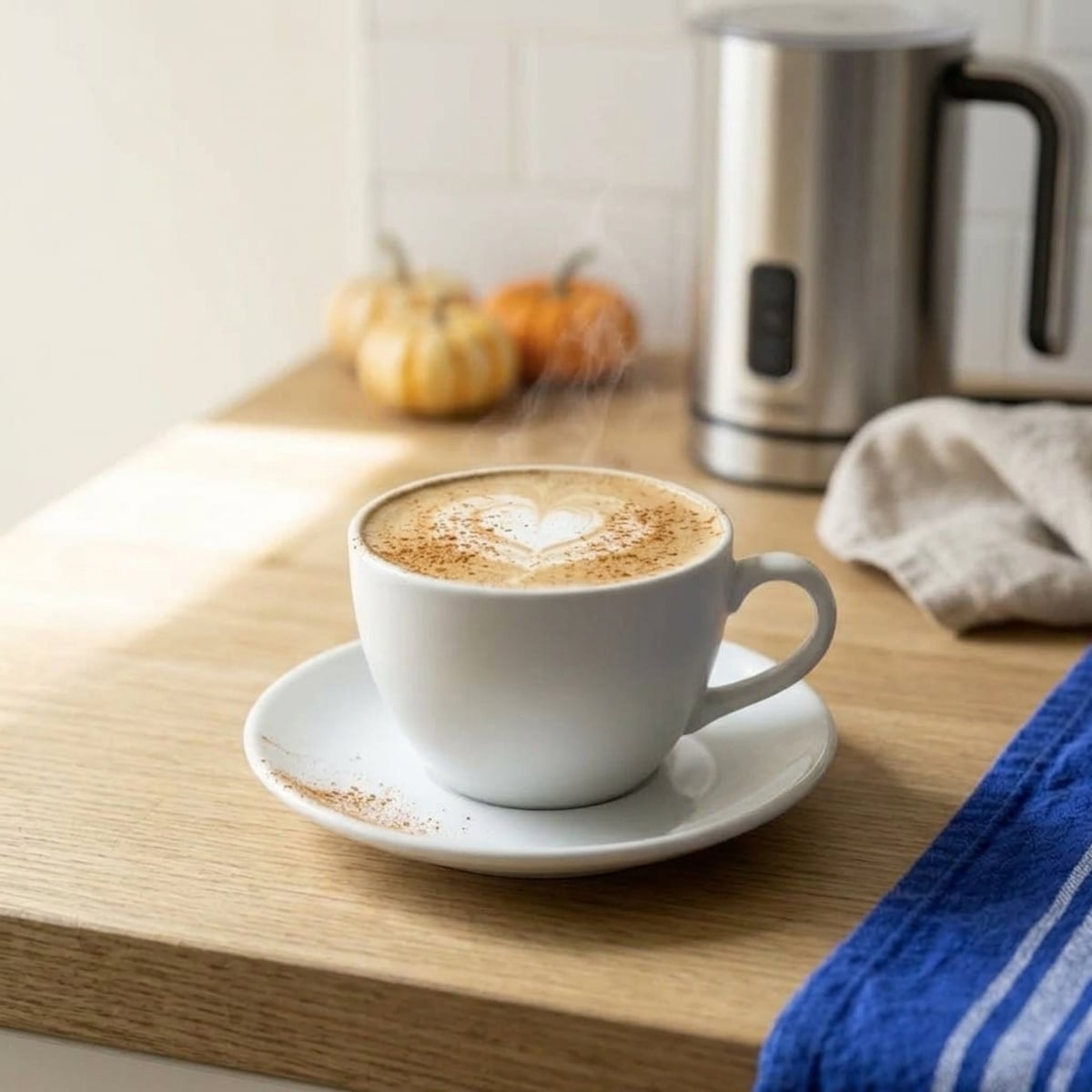 Steaming hot milk coffee in a mug