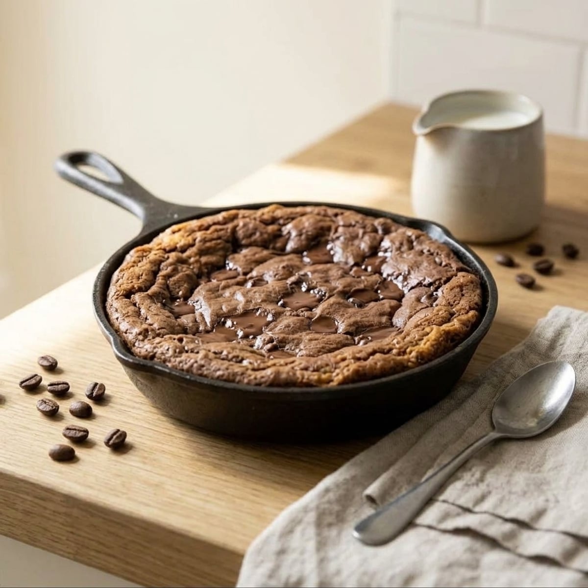 Warm mocha skillet cookie baked with chocolate chunks and coffee