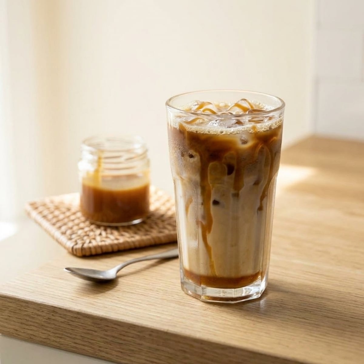 Editorial coffee and condensed milk drink on kitchen counter