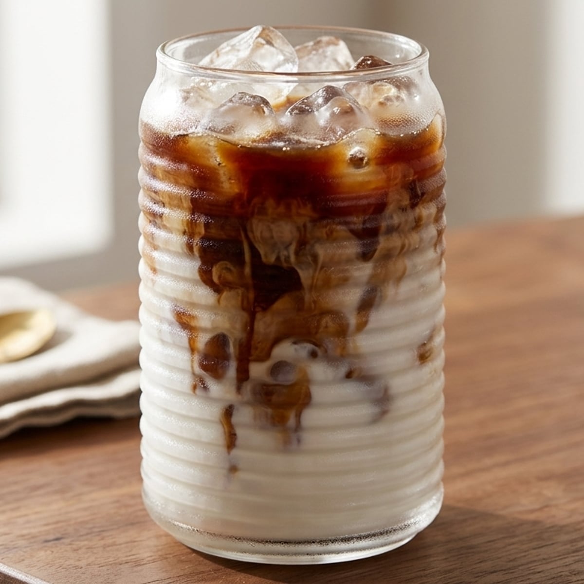 Sticky Latte with condensed milk ribbons, rich coffee, and cold milk over ice